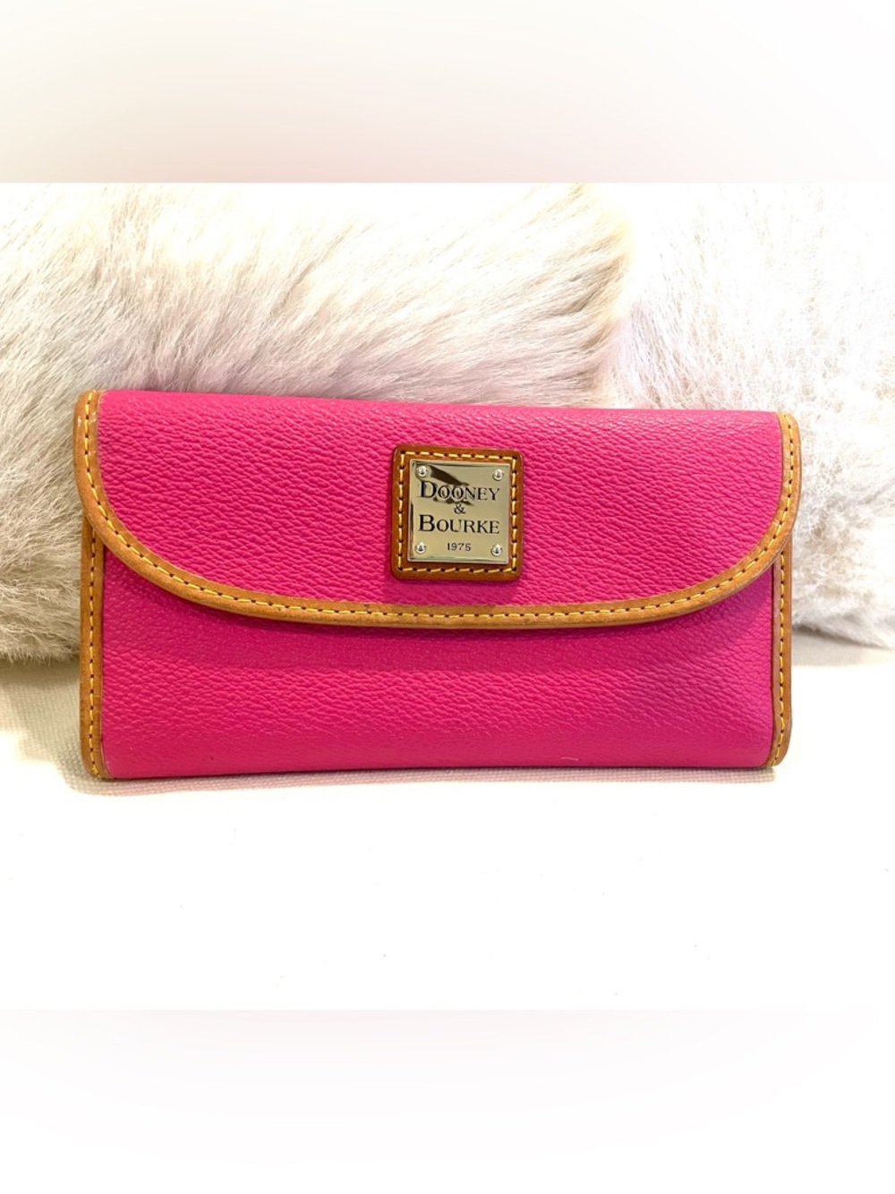 Dooney & Bourke Pink Leather Wallet with Tan Trim and Gold Plate